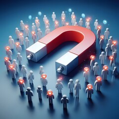 3D-rendered red and white horseshoe magnet attracts a crowd of blue human figures, symbolizing customer acquisition, marketing strategy, and social influence. Set against a blue background.