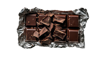 dark chocolate chunks on foil paper. isolated on transparent background
