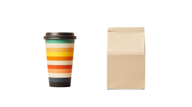 a colorful coffee cup and a brown paper bag, a pair of a coffee cup and a paper bag. isolated on transparent background