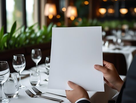 Close-up of a person reviewing a blank menu at an upscale restaurant, showcasing fine dining elegance with wine glasses, white tablecloth, and a sophisticated culinary atmosphere


