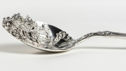 Ornate silver spoon, detailed handle, elegant design.