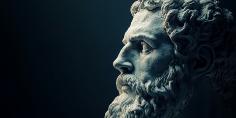 A dramatic side profile of an ancient marble statue of a bearded man, highlighted against a dark background, evoking classical Greek or Roman art.
