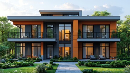 Obraz premium Elegant modern house with panoramic windows high resolution picture
