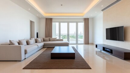 Fototapeta premium Minimalist interior design open space mindfulness. Modern living room with elegant furniture and large windows offering natural light.