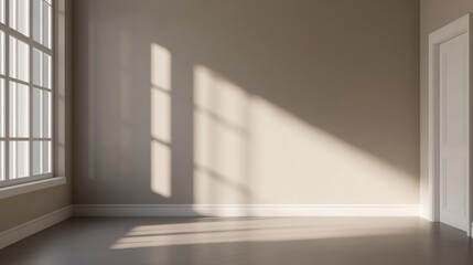Fototapeta premium Minimalist interior design open space mindfulness. Empty room with natural light casting shadows on a neutral wall.
