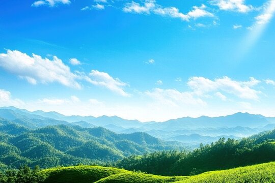 World Environment Day concept: Green mountains and beautiful sky clouds under the blue sky