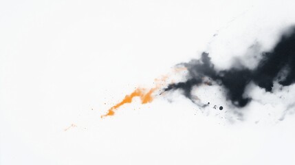 Black and white abstract painting with a white background. on the right side of the image, there is a large cloud-like shape that appears to be made up of different shades of black and orange.
