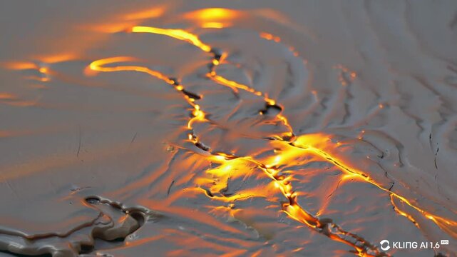 Molten metal cooling, industrial and abstract, showing glowing orange and yellow cracks in hardening gray material.