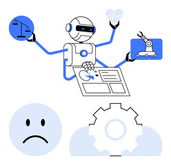 Robot with multiple arms performing tasks in healthcare, robotics, law, and data analysis. Sad face and a gear symbol below. Ideal for technology, automation, AI ethics, innovation decision-making