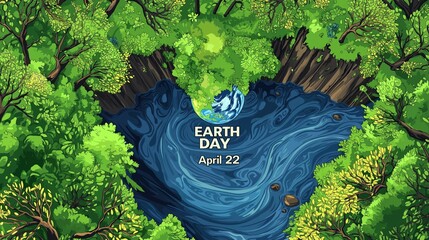 Earth Day Celebration: Aerial View of Lush Green Forest Surrounding a Serene Blue River with the Earth Symbol, Marking April 22 as a Day for Environmental Awareness and Conservation
