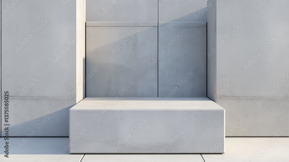 Poster white concrete bench in front of a gray wall. the bench is rectangular in shape and appears to be ma