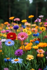Obraz premium Vibrant Wildflower Field with Red Gerbera Daisies in a Lush Green Meadow with Colorful Blossoms and Trees in the Background