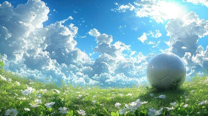 Dreamy Soccer Field: A White Soccer Ball Rests on a Lush Green Field Under a Sky Filled with Fluffy White Clouds, Illuminated by Bright Sunshine.