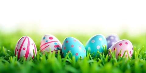 A collection of painted easter eggs celebrating Happy Easter lying in green meadow grass against an white solid background