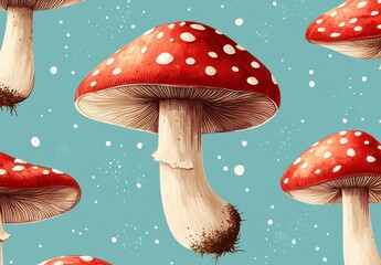 Seamless Pattern of Red Mushrooms with White Dots on Pale Blue Background Nature Inspired Repeating Texture Design for Textile Print and Decorative Purposes