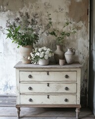 Shabby Chic Chest of Drawers with Antique Finish Featuring Floral Arrangements in Vases Against a Distressed Wall