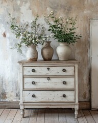 Shabby Chic White Chest of Drawers with Antique Vases and Floral Arrangement Against Distressed Wall in Rustic Interior