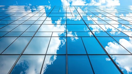 Sleek Glass Building Reflecting Blue Sky and White Clouds with Geometric Grid Pattern in Urban Landscape under Bright Daylight