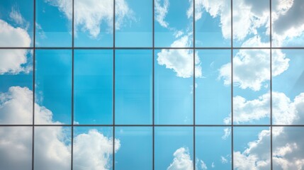 Sleek Glass Building Reflecting Fluffy Clouds and Azure Sky in a Modern Architectural Design