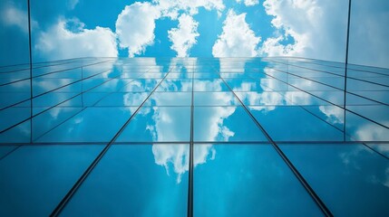 Sleek Glass Building Reflecting Blue Sky and White Clouds with Modern Architecture Design on a Sunny Day