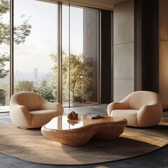 Sleek Modern Living Room with Organic Shaped Coffee Table Two Beige Armchairs and Large Windows Revealing Cityscape on a Carpet