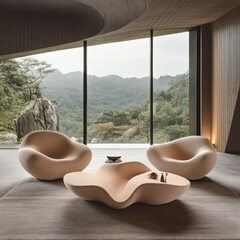 Sleek Modern Coffee Table with Organic Shape and Two Elegant Chairs in Minimalist Gray Tone Living Room with Window View to Mountain Landscape