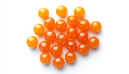 Top Down View of Round Orange Candies Heap Isolated on White Background in Studio Shot with Bright Sweetness and Macro Details