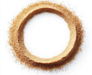 Top Down View of Golden Sand Particles Forming a Circular Design on a White Background for Beach Themed Minimalist Composition
