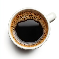 Top View of Fresh Black Coffee in White Ceramic Mug with Distinct Aroma Perfect for Morning Energy Boost and Caffeinated Delight