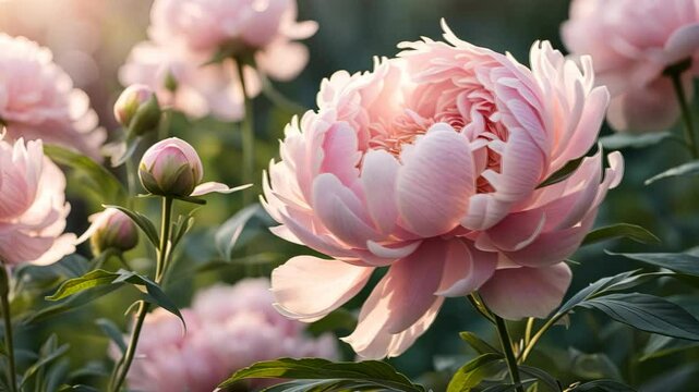 Pastel pink peony flower in garden at summer day