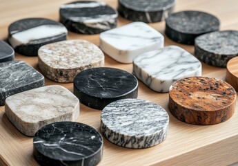 Variety of Black and White Marble Coasters Arranged on a Wood Surface Showing Round and Square Design