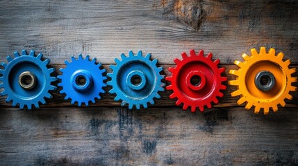 Vibrant Gears Arranged on Rustic Wooden Backdrop a Detailed Close Up of Blue Red and Yellow Metal Cogwheels for Industrial Machinery and Teamwork Concepts