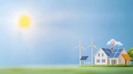 A charming house with solar panels and wind turbines enjoys a sunny day symbolizing sustainable energy and eco-friendly living.
