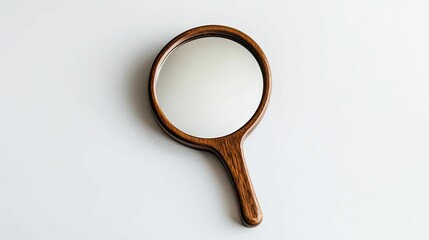 Wooden-framed hand mirror on white background.