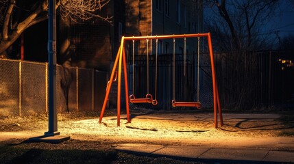 Nighttime playground; empty swings, illuminated sand.