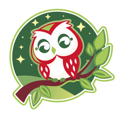 Fototapeta premium Red owl on branch sticker for wildlife and nature lovers