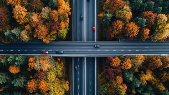 Aerial view of a multi-level highway interchange surrounded by lush green fields and trees.