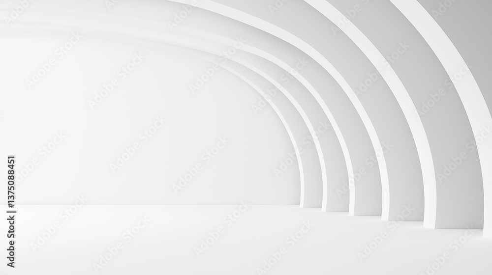 Poster 3d rendering of an empty room with a white background. the room has a curved ceiling with multiple w