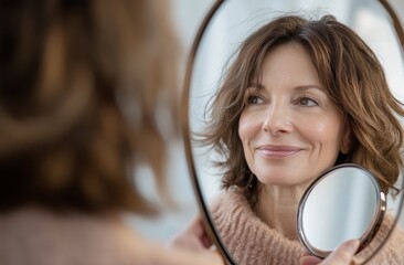 A middle-aged woman is smiling and looking at her face in the mirror, with a flawless skin tone and visible pores on her chin area, symbolizing the beauty care for mature women. 