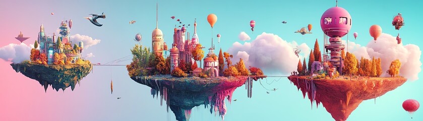 Obraz premium Whimsical digital painting of floating islands with vibrant castles, hot air balloons, and playful creatures. Perfect for fantasy, fairytale, or children's themes.