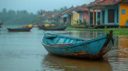 Obraz premium Rainy Day in Vietnam: A Lonely Rowboat on Calm Waters