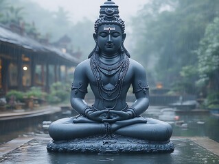 Serene Shiva Statue with Misty Garden.
