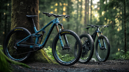 Two mountain bikes resting by a tree, embracing the spirit of outdoor adventure.