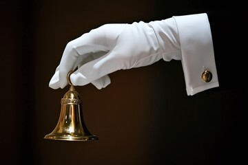Hand in white glove ringing golden bell. Concierge service and luxury hotel call for help. Premium quality accommodation business assistance on call concept.