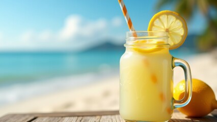 glass jar straw slice lemon top jar placed wooden table blurred background beach palm trees sky blue white clouds ocean seen distance also whole lemon table next jar overall mood summery relaxing