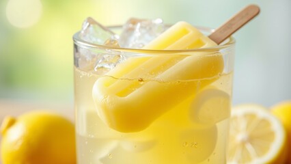 glass lemonade ice cubes wooden spoon glass filled yellow colored drink several slices lemon floating top background blurred appears wooden table more lemons scattered around overall mood refreshing