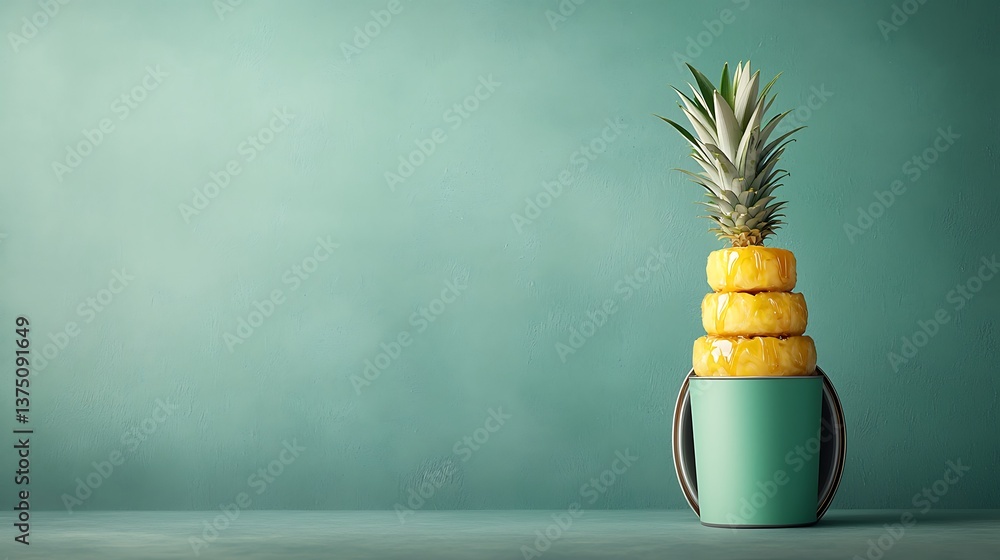 Poster pineapple slices stacked in a teal container
