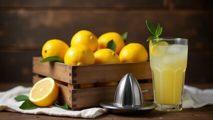 Fototapeta premium wooden crate filled lemons wooden table lemons bright yellow appear fresh next crate glass lemonade slice lemon sprig mint rim juicer also visible table white cloth draped over table background