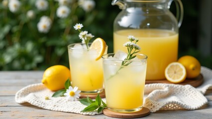wooden table pitcher two glasses lemonade pitcher glass has handle top glasses filled yellow colored drink slice lemon rim also white daisies mint leaves scattered around table background green