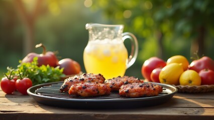 wooden table plate grilled chicken chicken golden brown appears seasoned herbs spices next plate pitcher orange juice basket cherry tomatoes lemons background blurred seems outdoor setting greenery